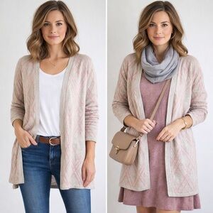 Pink and Gray Open Front Cardigan